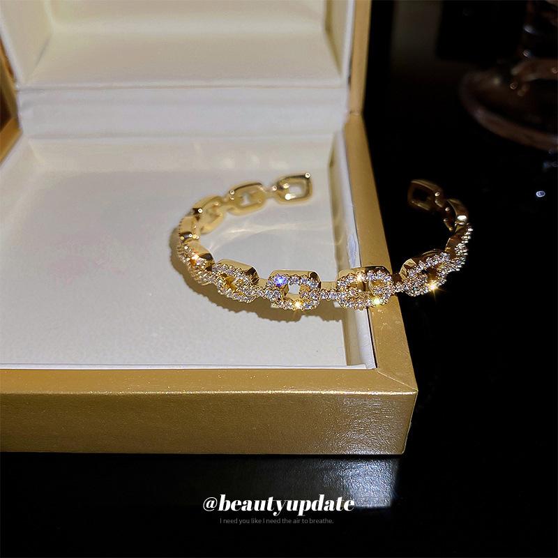 High-End Gold-Plated Zircon Open Bangle: Elegant, Shiny Bracelet Fashion Jewelry