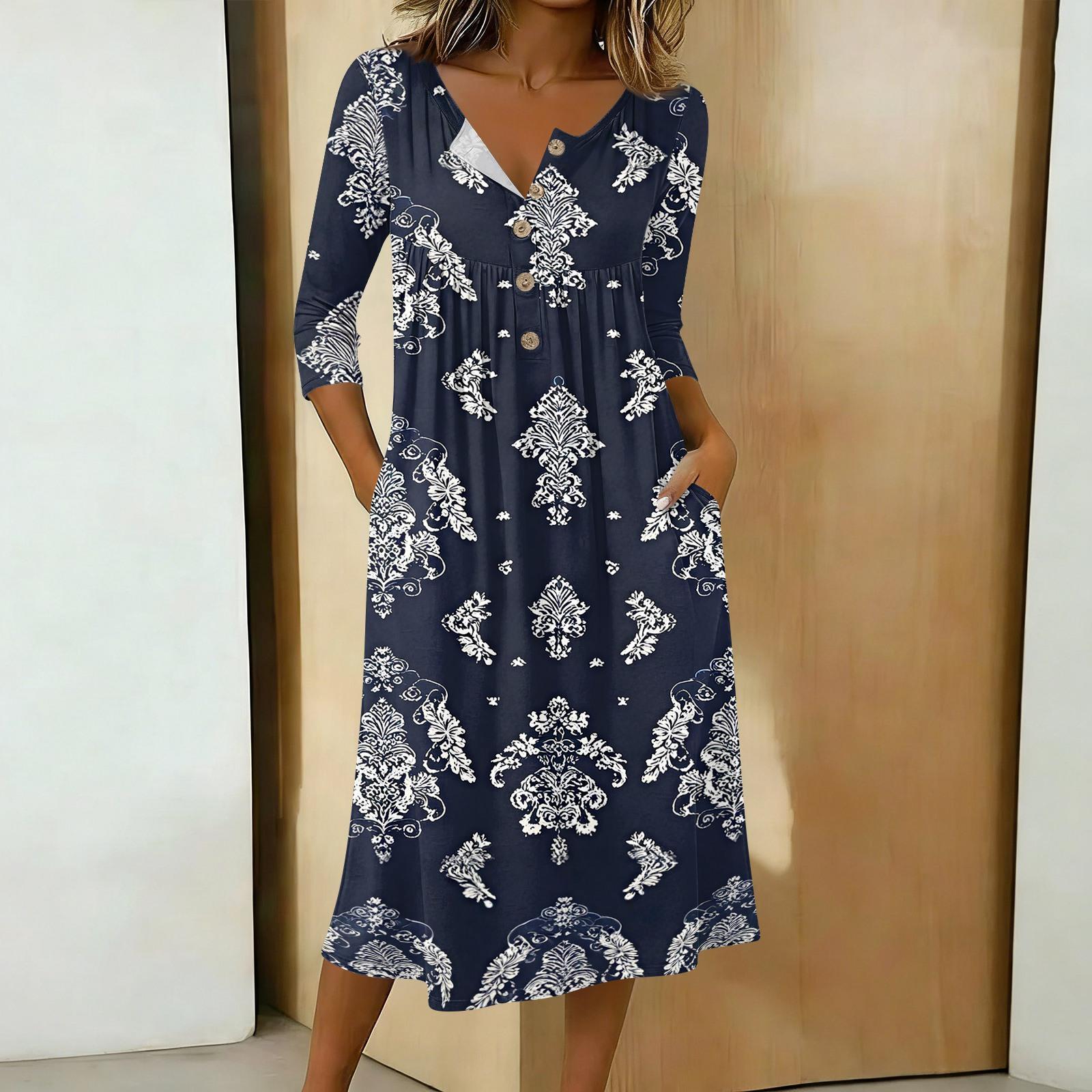 

Women s Casual 3/4 Sleeve Button,down Mid,length Dress M Темно-синій