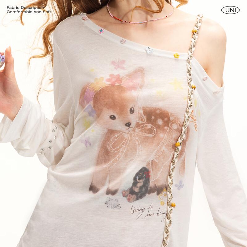 UNIFREE Sweet Deer Print Off-Shoulder T-Shirt