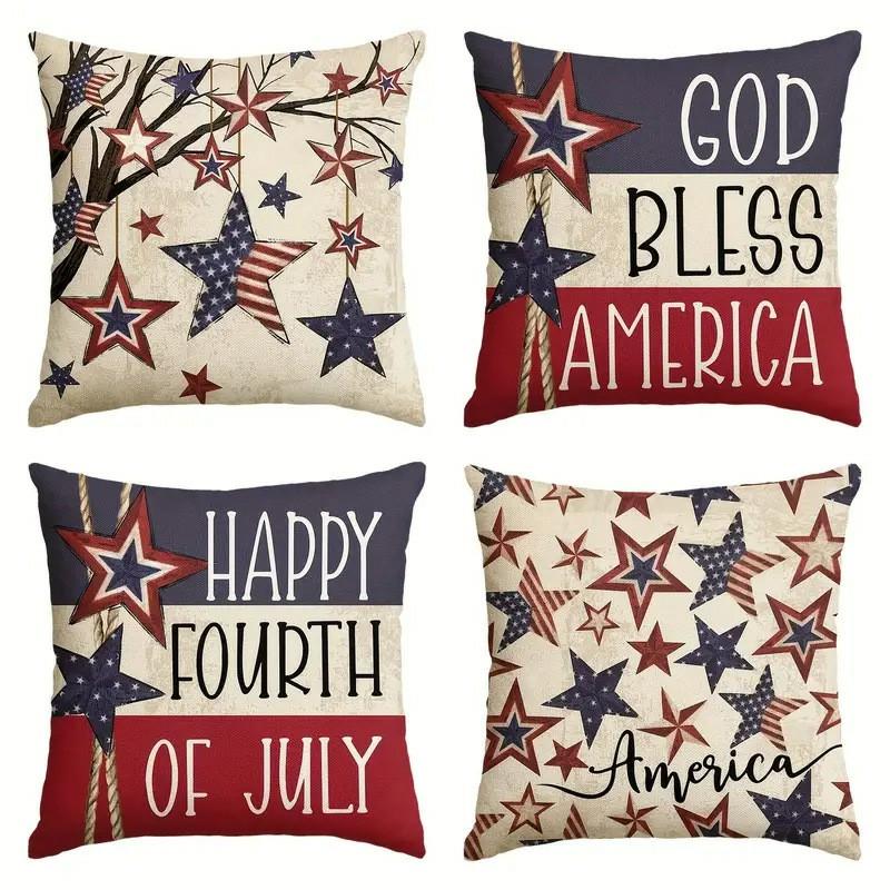 4th of July Patriotic Star Stripes Short Plush Thick Polyester Pillow Cover 18x18 Inch Hidden Zipper Living Room Patio Party 16180₽