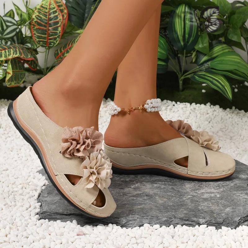 Modische Damenschuhe 2025 Marke Geschlossene Zehen Damen Hausschuhe Mode Floral Outdoor Lässig Sommer Übergröße Bequeme Keilabsatz Hausschuhe