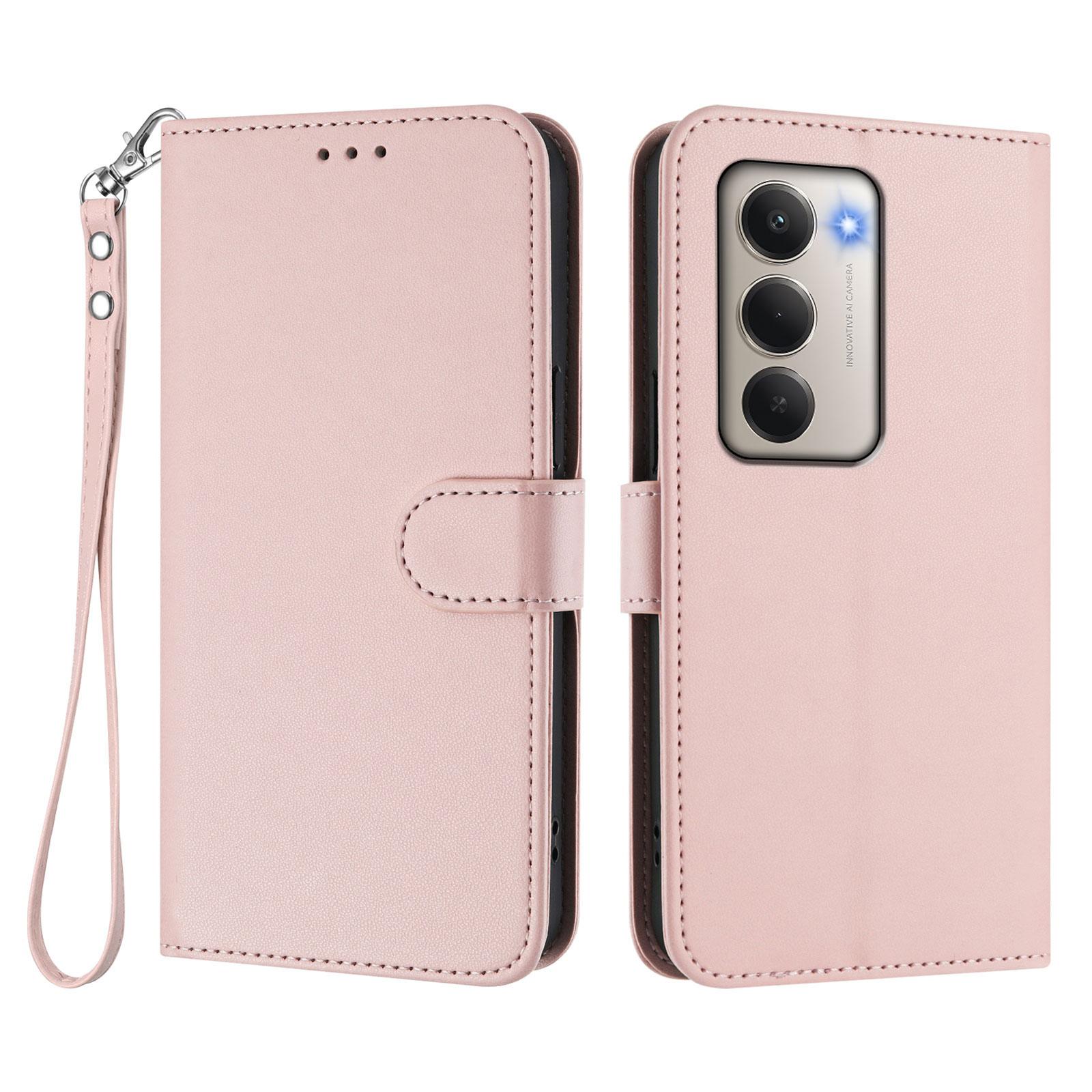 

For Xiaomi Redmi 15 5G Leather Case Wallet Stand Phone Cover with Wrist Strap Pink