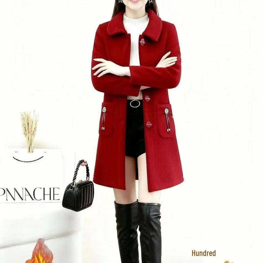 2025 Women's Thickened Wool Mid-Length Coat - Small, Padded, Autumn/Winter