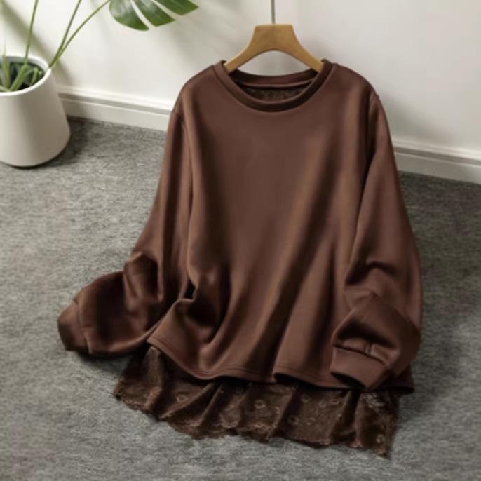 Plus Size Lace Patchwork Hoodie: Two-Piece Split Long Sleeve Top XL коричневый