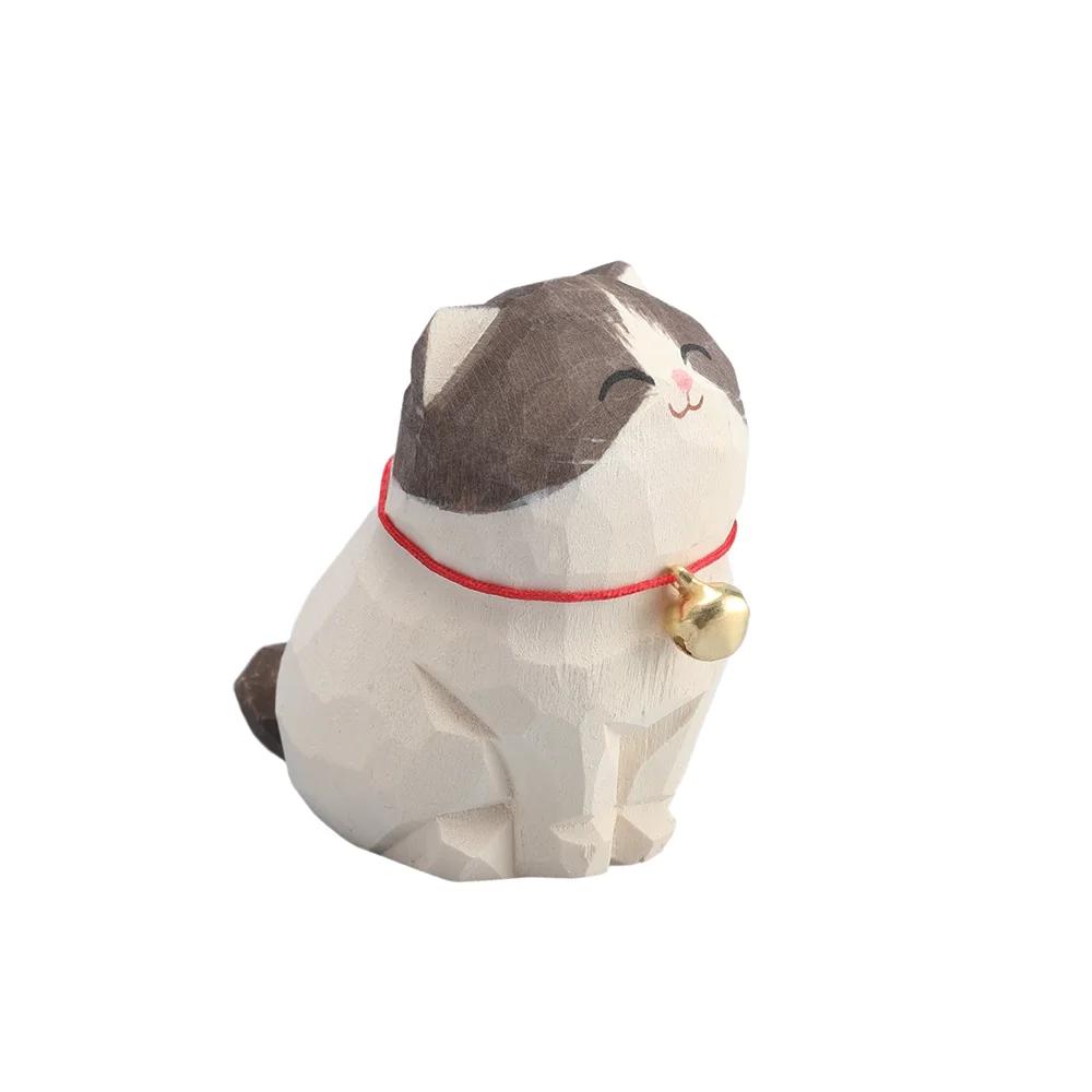 Christmas Decorations Handmade Wood Carving Kitten Ornaments Small Animal Desktop Wood Cat Decoration Crafts Birthday Gift 4XL