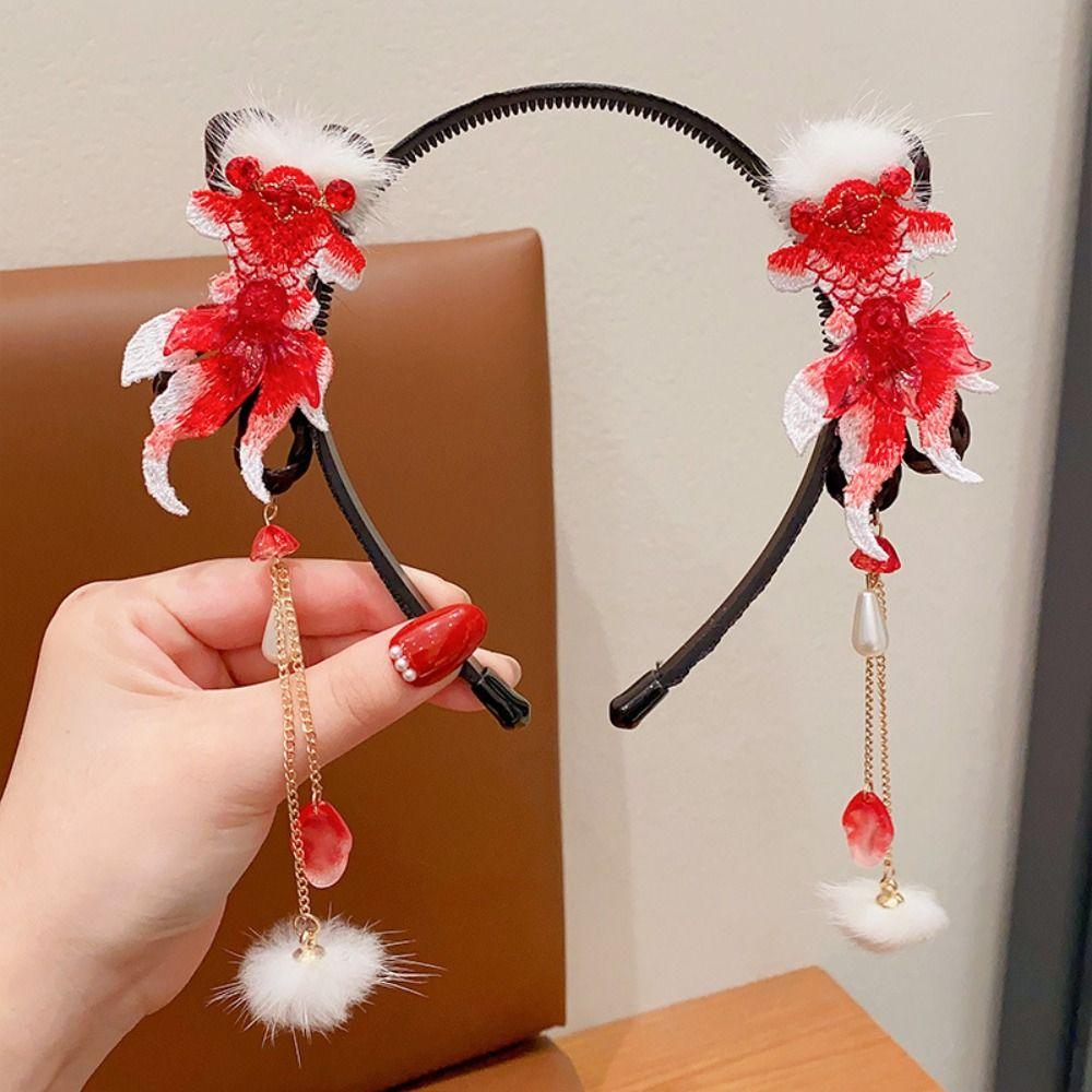 Red Flower Tassel Headband Pearl New Year Headwear Cute Hanfu Wig Headband  Children