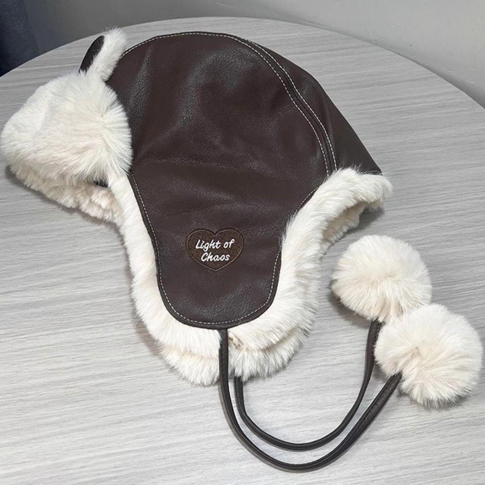 Faux Leather Trapper Hat Bear Ear Cycling Lei Feng Hat Casual Winter Pilot Hat  Skiing