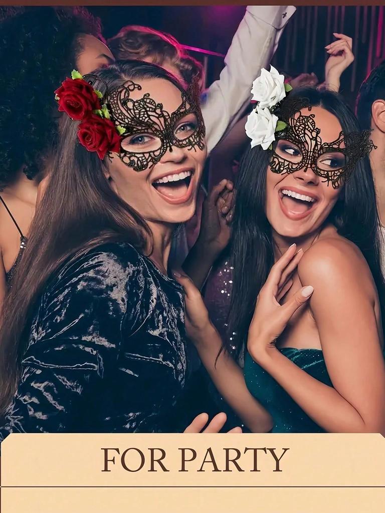1pc Red Rose Black Lace Masquerade Mask Venetian Style For Halloween Valentine Party