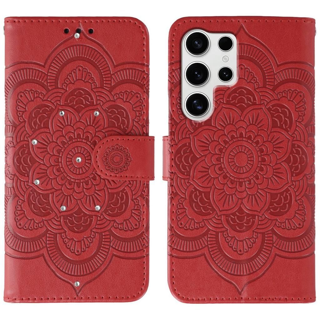 For Samsung Galaxy S24 Ultra Case Rhinestone Decor PU Leather Mandala Imprinted Design Phone Cover with Wrist Strap
