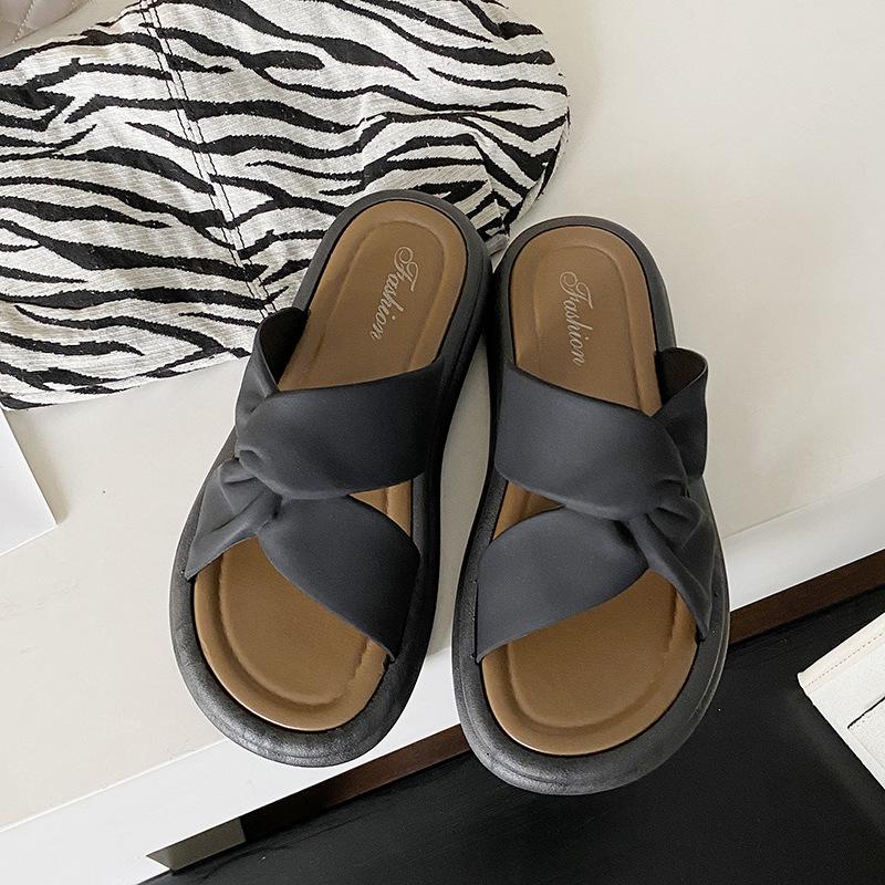 Women Spring Solid Color Cross Style Indoor Slippers Summer Casual Thick Flat Bottom Anti Slip Beach Sandals Shoes 36-41