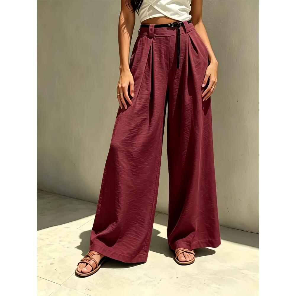 Women's High Waist Belted Pleated Solid Linen Wide Leg Long Pants Loose Fit Casual Trousers