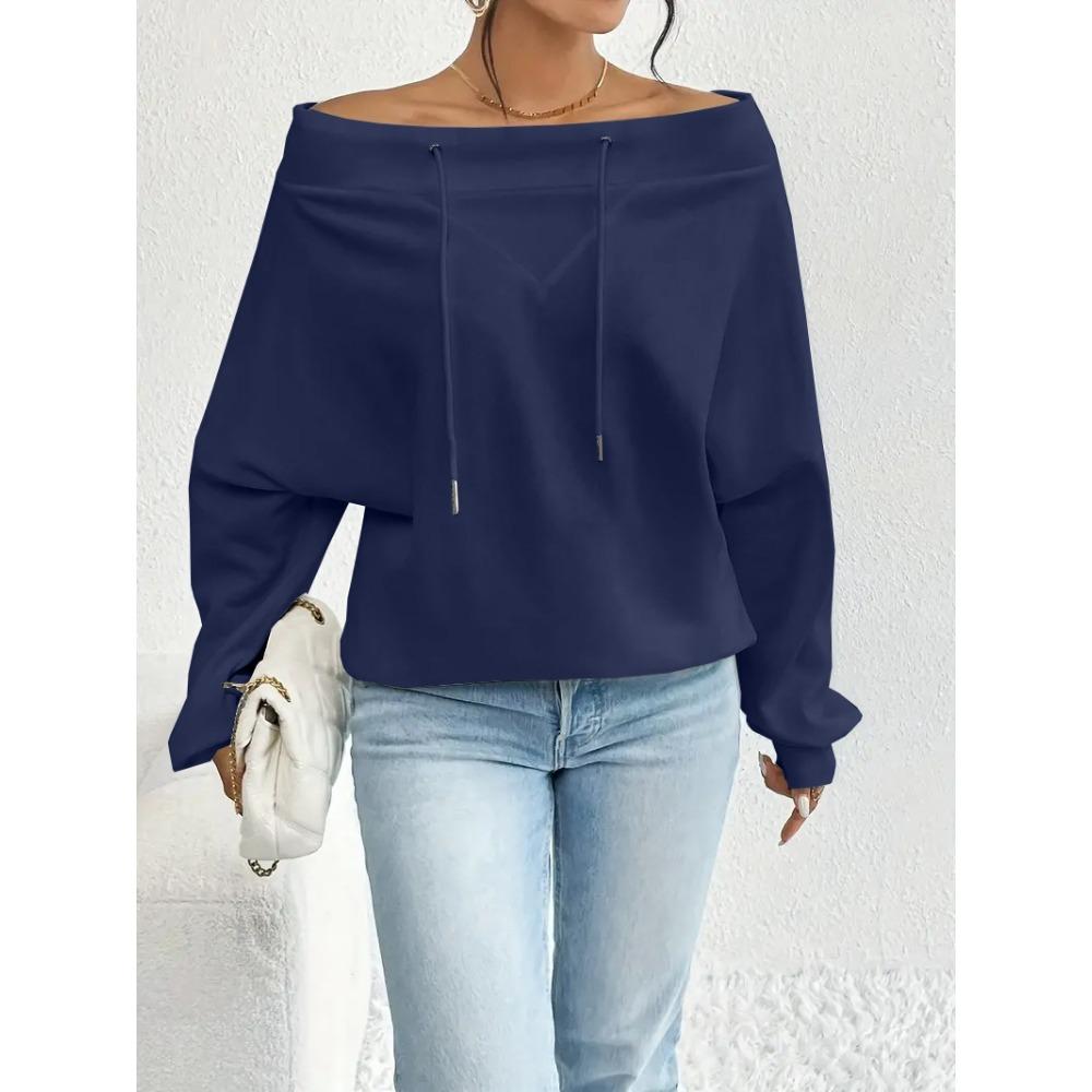 Neues Damen Locker und Lässig Kordelzug Schulterfrei Einseitig schulterfrei Top
