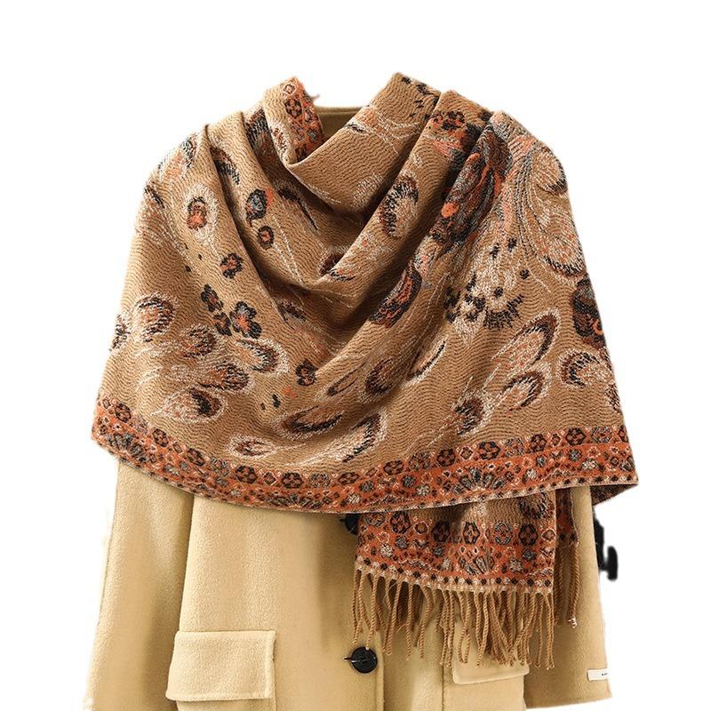 Ethnic Style Shawl with Decorative Wool Cashmere Scarf for Women Winter High End New Jacquard Imitation Cashmere Scarf