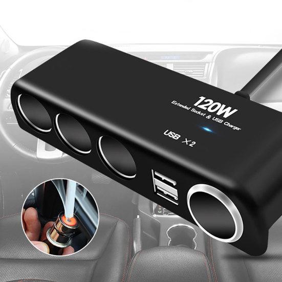120W 4 Way Socket Car Lighter Splitter Dual USB Charger Power Adapter