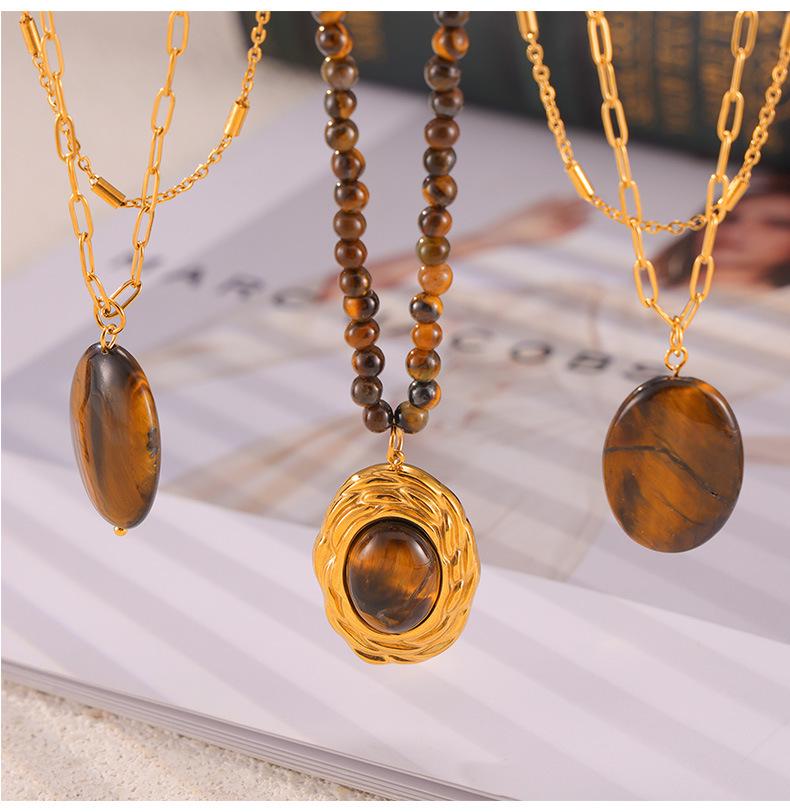 British Retro Minimalist Luxury Y2K Oval Tiger Eye Pendant Necklace