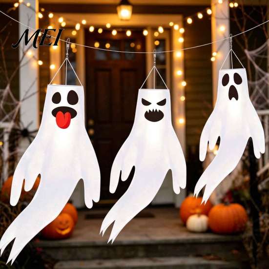 Lightweight Wind Decorations 44 Inch Halloween Hanging Ghost Windsock, White Flying Ghosts Flag Scary Yard Socks for Tree, Outdoor Patio, Party Decor