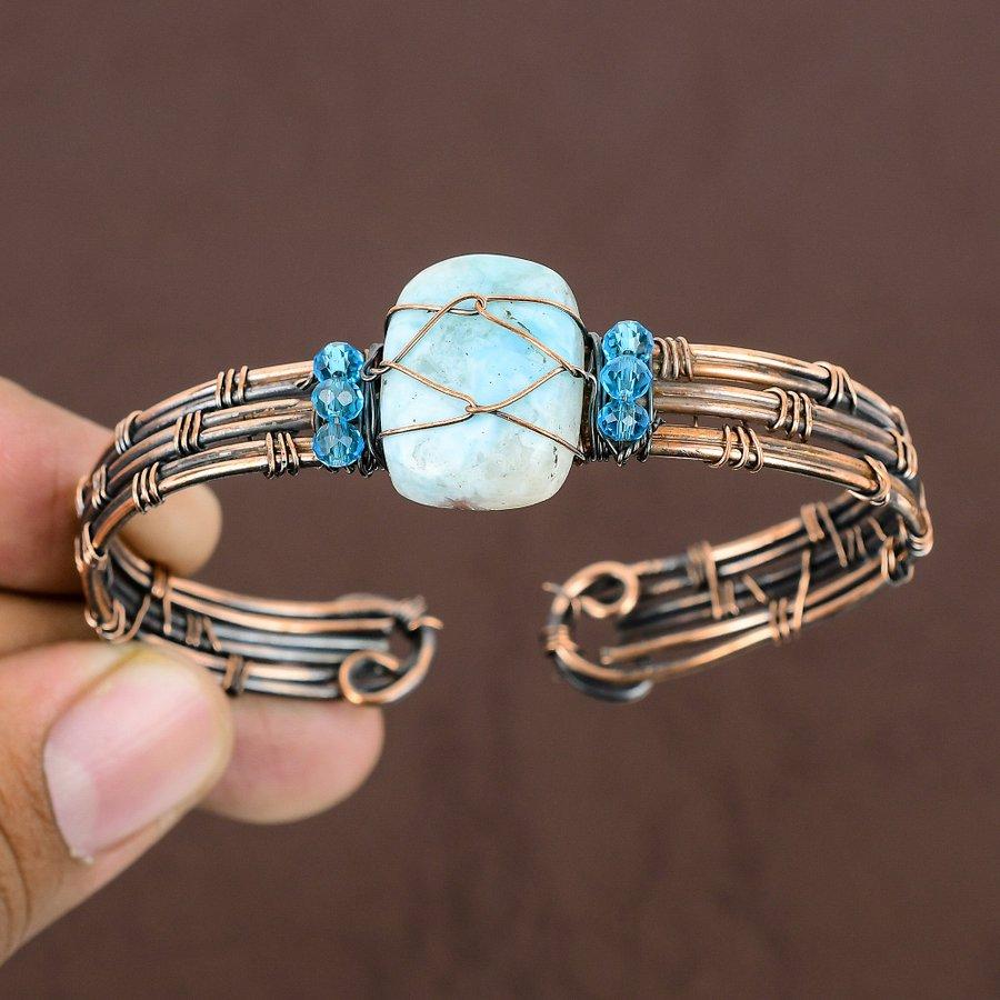 Naturlig Karibisk Larimar Ädelsten Koppartrådsinlindad Armring Justerbar W4K23