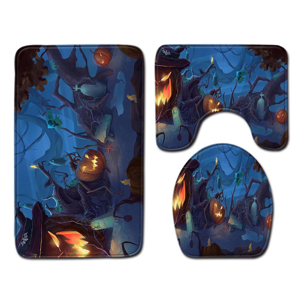 Halloween Shower Curtain Floor Mat Combination Four-Piece Set Bathroom Toilet Carpet Shower Room Foot Mat