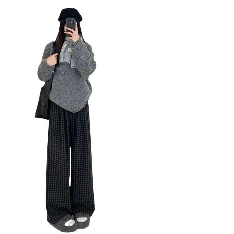 High-Waisted Retro Plaid Wool Pants, Plus Velvet, Women's Autumn/Winter 2024, Black/Gray, Wide-Leg, Straight-Leg, Slimming Fit.