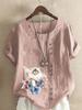 Women's Fashion Cute Cat Print Round Neck Short Sleeve T-shirt Summer Casual Cotton Linen Graphic Shirt Leisure Loose Blouse Tops