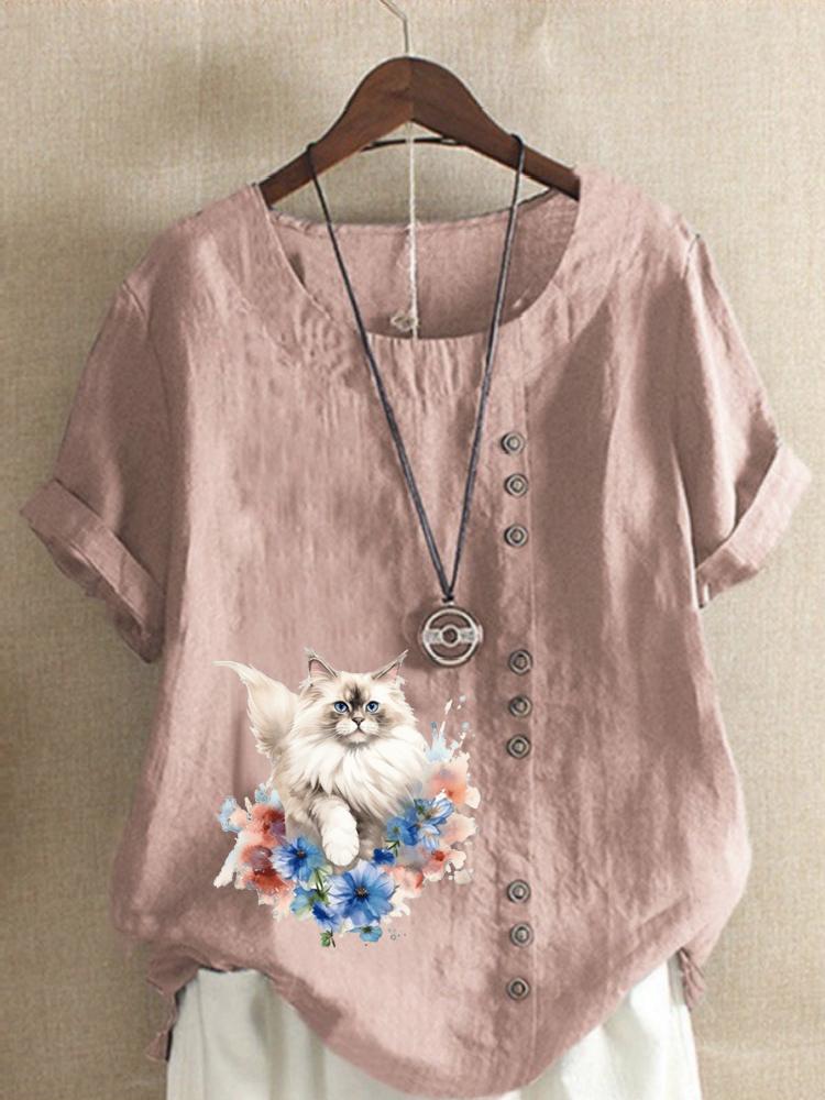 Women's Fashion Cute Cat Print Round Neck Short Sleeve T-shirt Summer Casual Cotton Linen Graphic Shirt Leisure Loose Blouse Tops