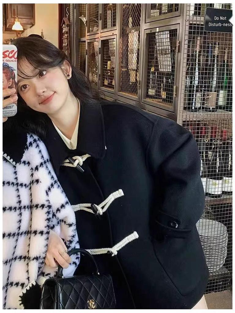 Women's Black Oversized Short Duffel Coat - 2024 Korean Style Autumn/Winter Collection