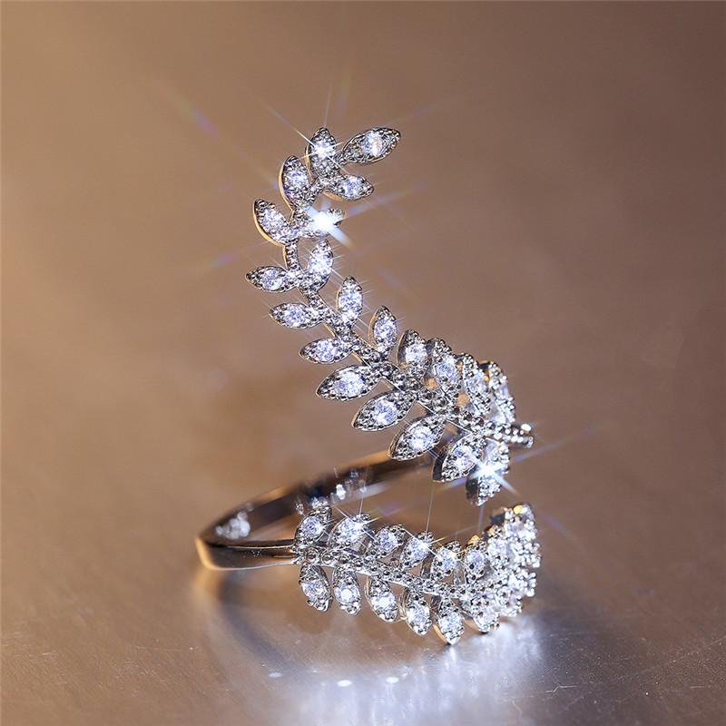 

Graceful Leaves Both End of Open Ring 925 Sterling Silver Girl Cocktail Party Rings Shine Crystal Zircon Fashion Women Jewelry 6