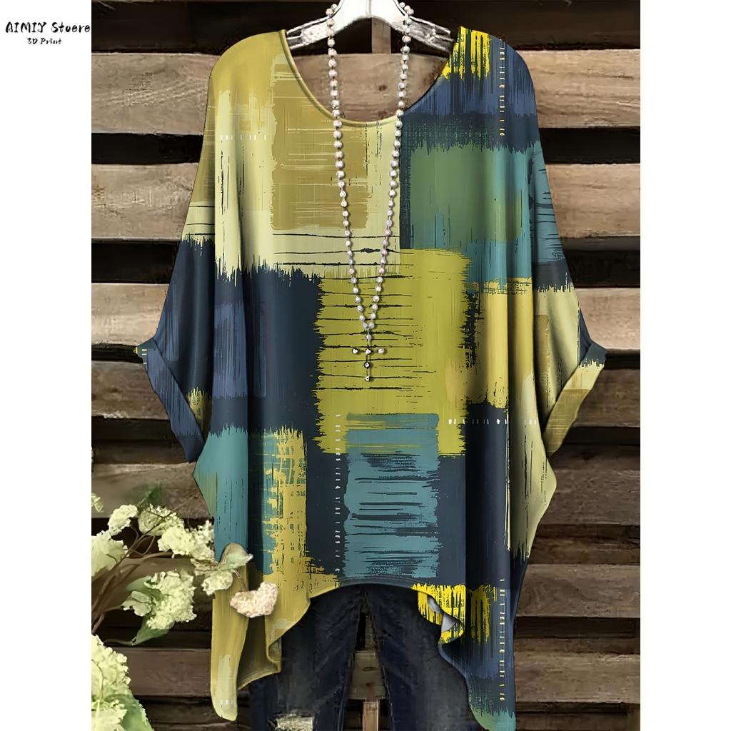 Imitation Denim All-Over Print T-Shirt | Casual Round Neck Short Sleeve Top with Frayed Hem Crisscross Back Detail Washable