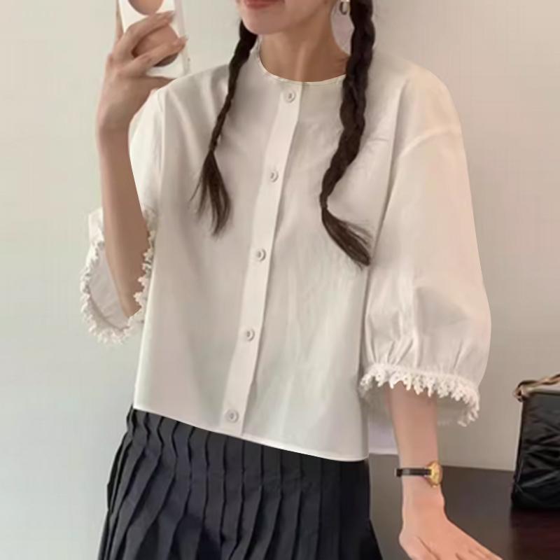 

VONDA Женские летние кружевные блузки с круглым вырезом и коротким рукавом, однотонные L белый