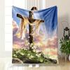 A Wooden Cross Draped with Fabric, Surrounded by Flowers and Glowing Sky. for All Seasons Blanket Lunch Break Throw Gift