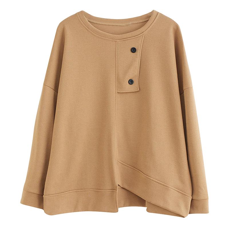 Autumn/Winter 2023 Women's Cotton Loose Fit Round Neck Pullover with Slit Hem, Plus Size Long Sleeve Casual Sweatshirt