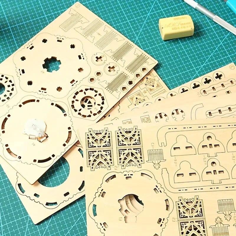 DIY Rotating Retro LED Lantern 3D Wooden Puzzle Hands-on Activities Desktop Decoration Creative Toys Three-dimensional Puzzle