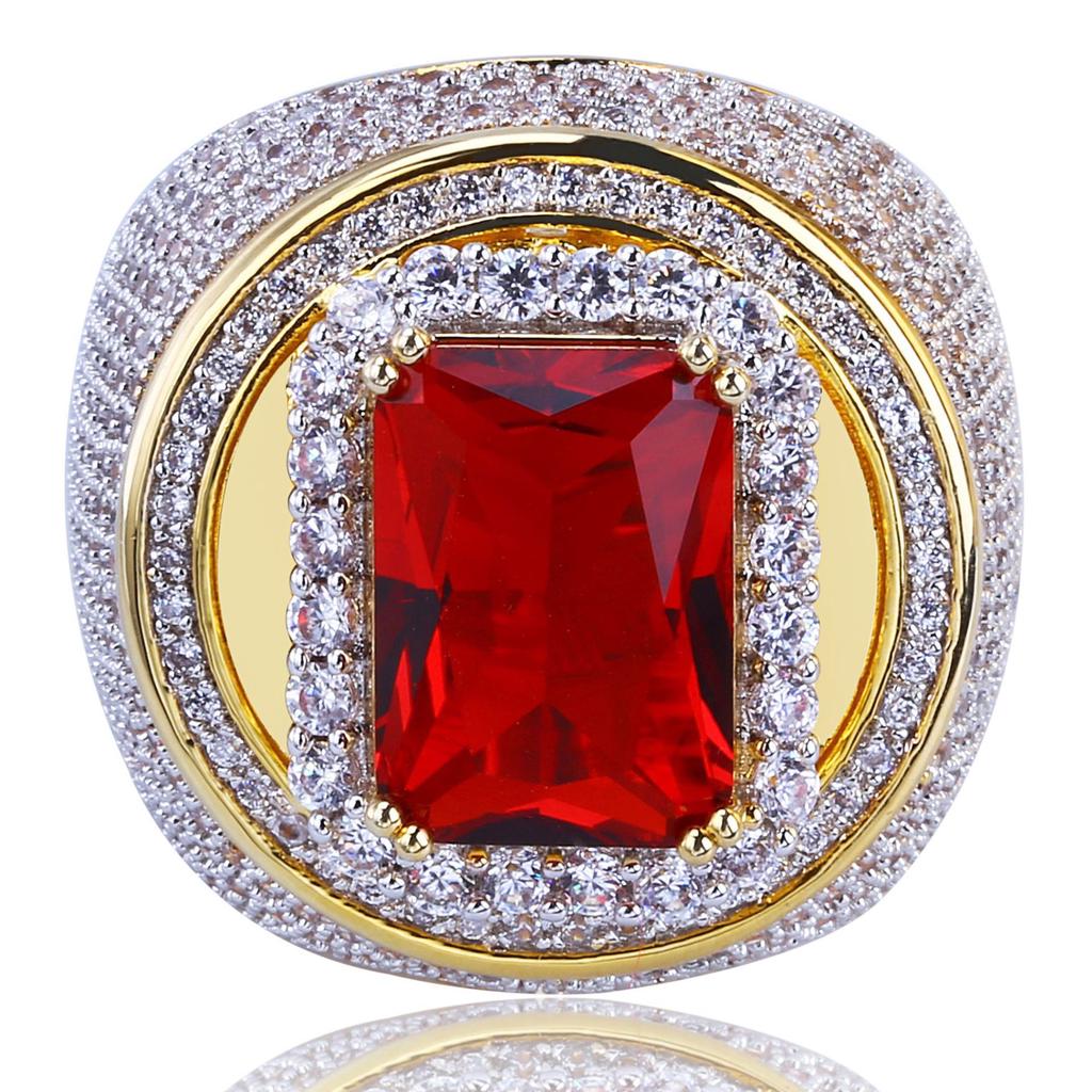 Men's Gold Plated Zircon Ring Micro Set Ruby Hip Hop Ring