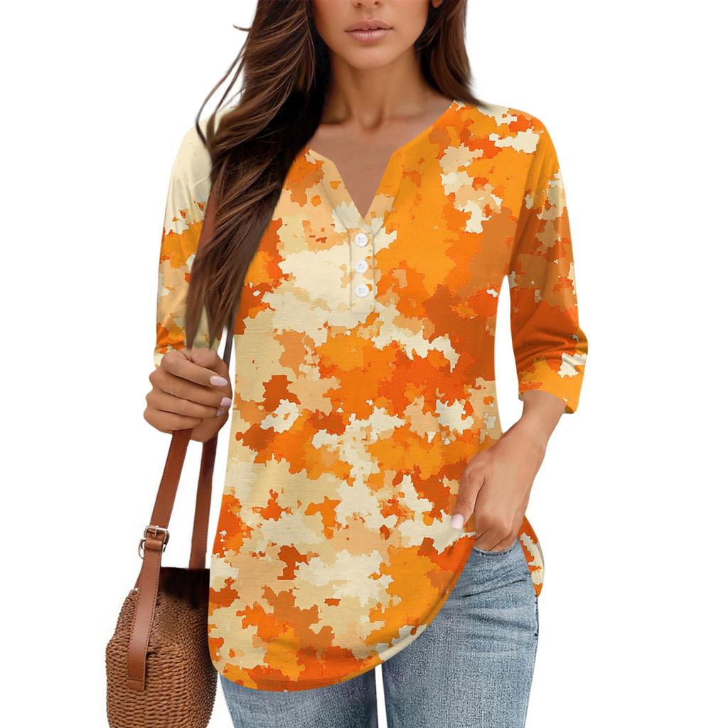 Damen V-Ausschnitt Freizeit Dreiviertelarm Knopf-Detail Top mit Blumenmuster