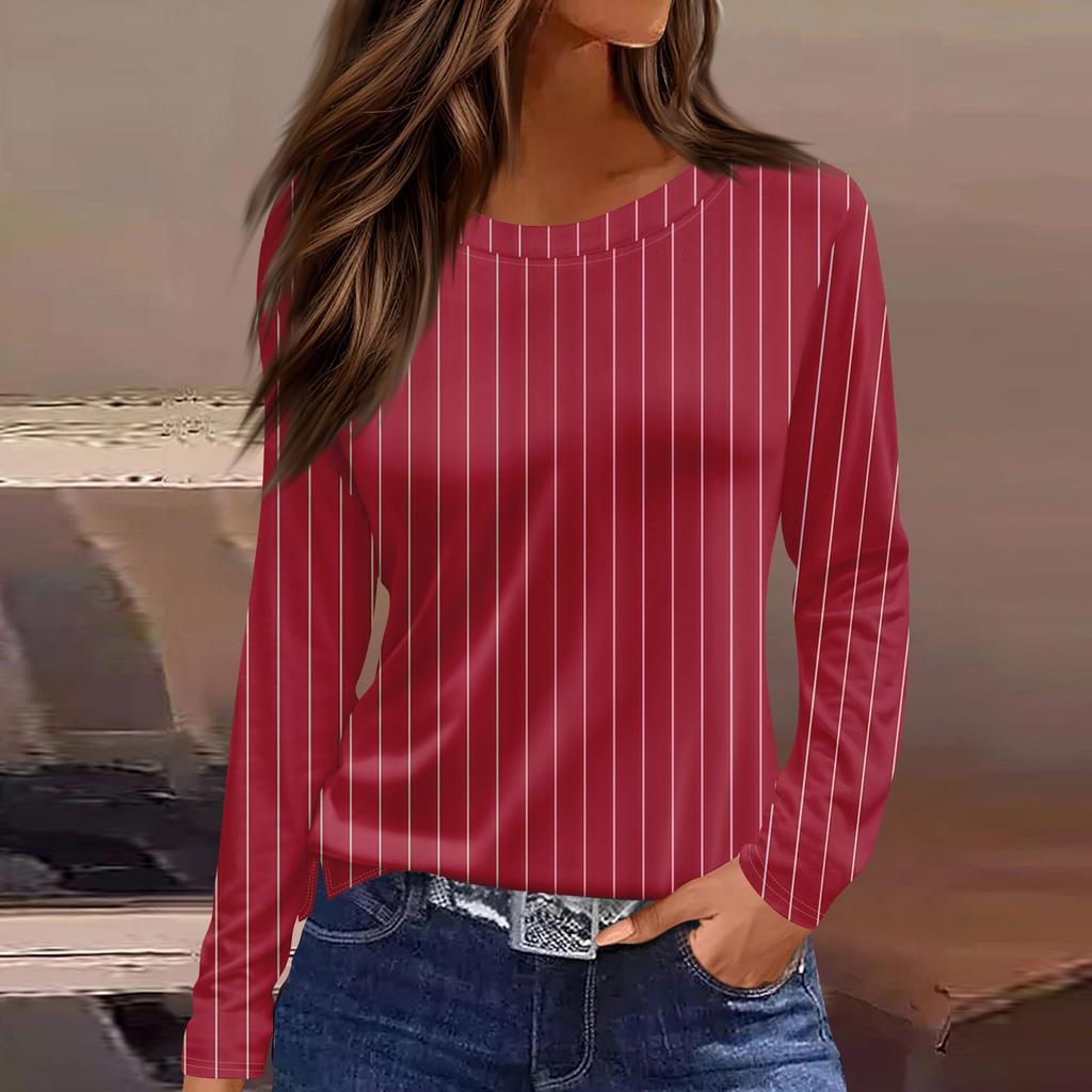 Women's Fashion Casual Slit Hem Round Neck Long Sleeve Loose  Printed T-Shirt Ladies Top