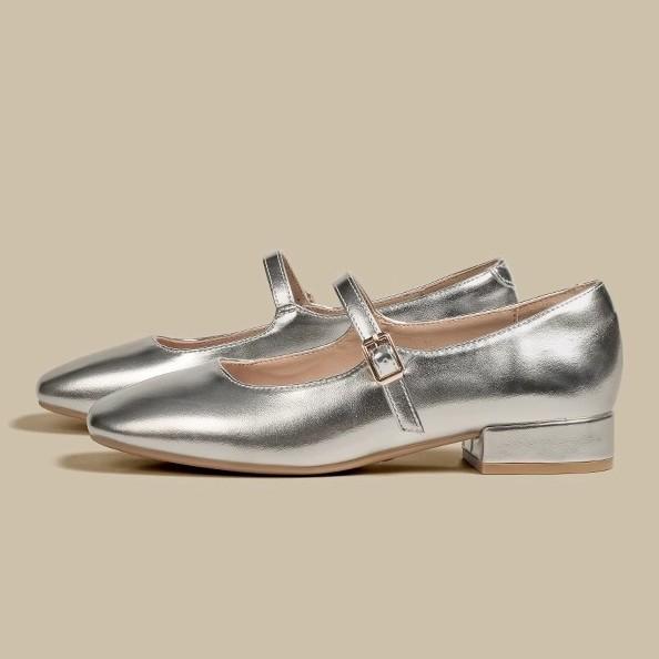 Silver Mary Jane Shoes 2025 Spring and Autumn New Light Mouth High Sense Low Thick Heel Small Leather Shoes French Flat Sole Shoes Women