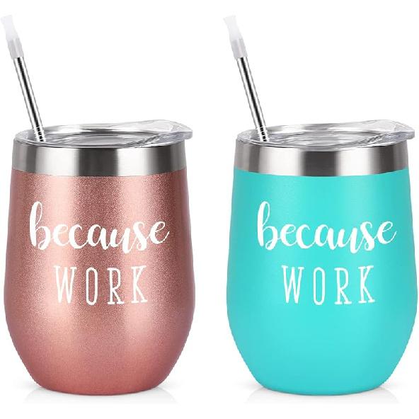 Qtencas Coworker Gifts, 4 Pack because WORK Stainless Steel Wine Tumbler, Christmas Gifts for Coworkers Office Staff Employees, Funny Office Gifts