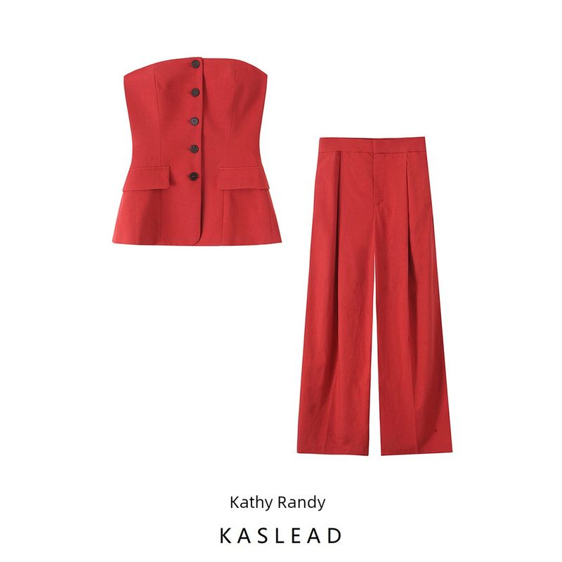 Kaslead New Women clothes Western Style Fashion Breasted Tube Top Top Trousers 5063730 1255434