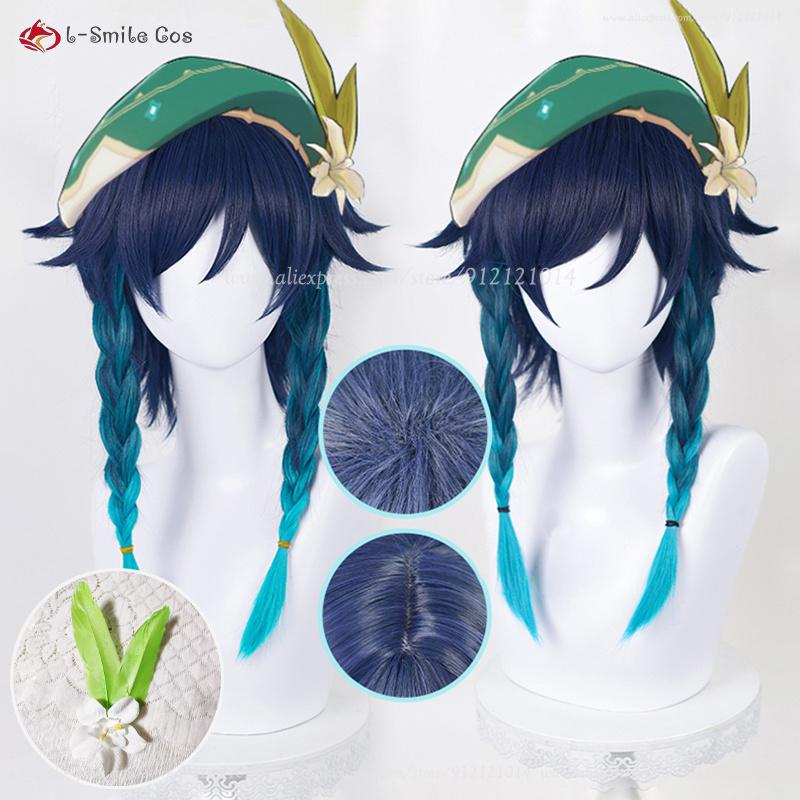 New Venti Cosplay Wig Barbatos Venti 42cm Short Blue Gradient Heat Resistant Synthetic Hair Party Wigs + Wig Cap