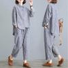 Retro Ladies Fashion Cotton Linen Two Piece Set Female Loose Stripe Tops Trousers Spring Autumn Women Long Sleeves Outfit