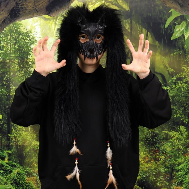 Fell Wikinger Füchse Maske Werwolf Kostüm Cosplay Zubehör Pelziges Tiermaske für Halloween Karneval Mottoparty