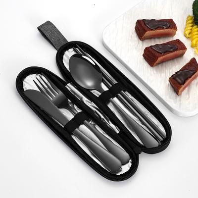 Ensemble de couverts en acier inoxydable 4 pièces Vaisselle rétro Fourchette Cuillère Baguettes Couteau avec sac de rangement Ensemble de couverts polis miroir Lavable au lave-vaisselle