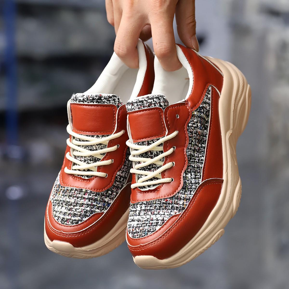 

Универсальная толстая подошва, маленький ароматный стиль, женская спортивная обувь, круглый носок, цветные блоки, женская модная обувь, повседневная обувь для папы 43 красный