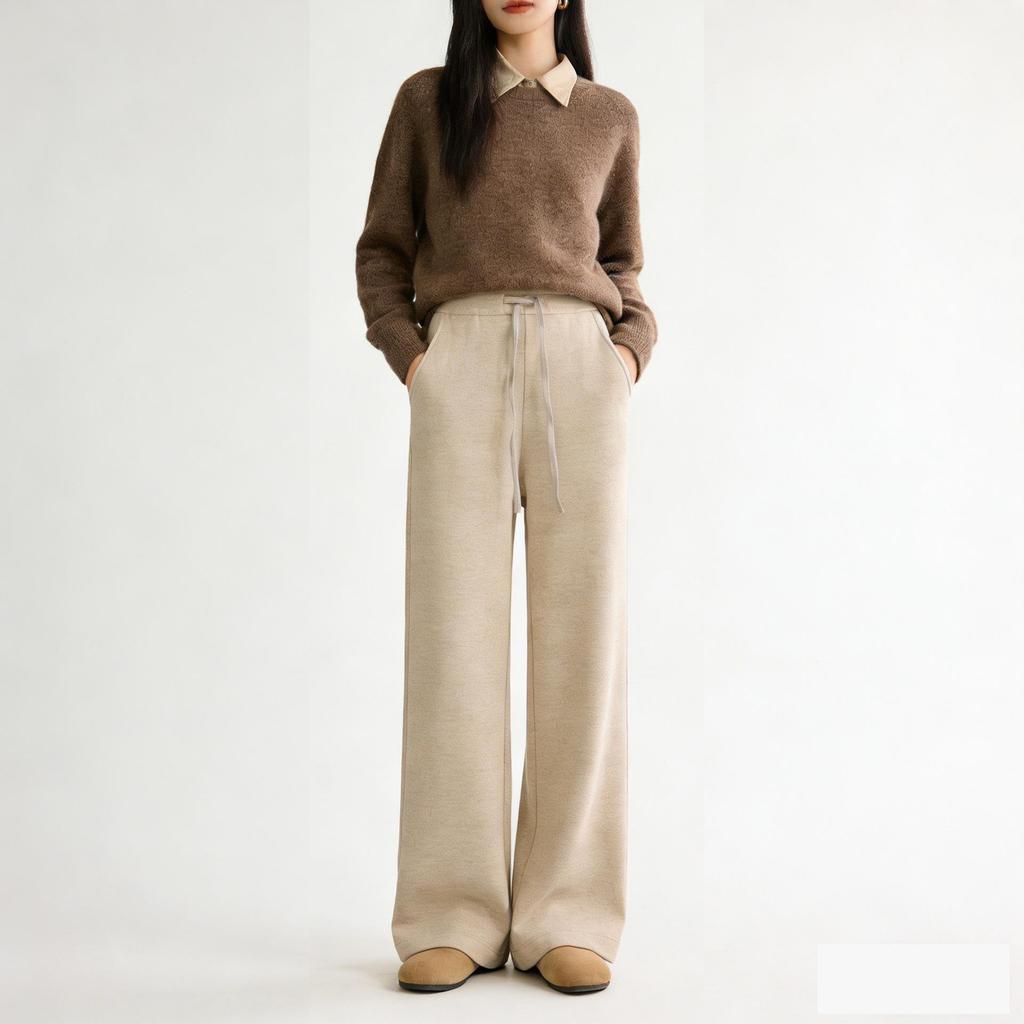 Spring Women's Silk Wool Wide-Leg Knit Pants: Loose, Drapey, Elastic, Soft, Double-Sided Texture.