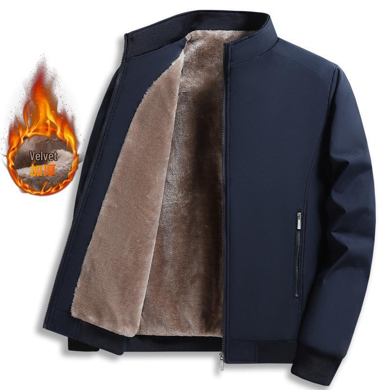 Men's Autumn/Winter Plus Velvet Jacket: Middle-Aged & Elderly, Warm Thick Stand Collar, Solid Color, Business Casual, Plus Size Outerwear.