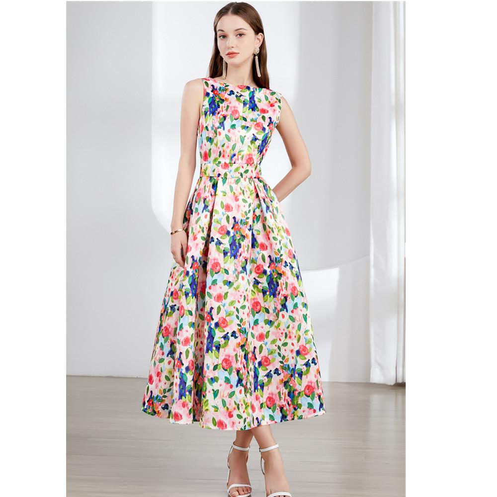 Fashion Colorful Floral Print Jacquard Summer Dresses Women Elegant Sleeveless Draped Party Prom Slim Tank Dress