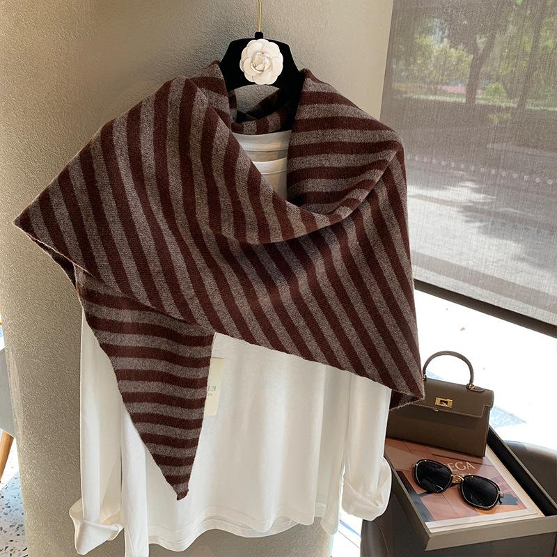 Women Striped Wool Triangle Knit Shawl Warm Winter Outerwear Wrap