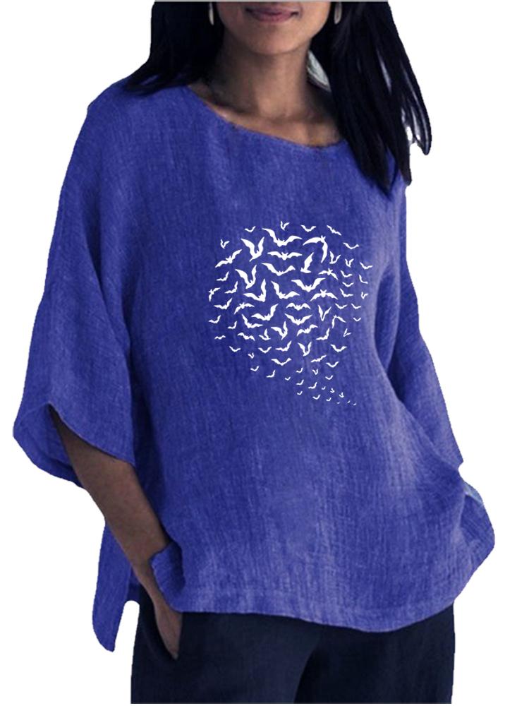 Women Fashion Cotton Linen 3/4 Long Sleeve Top Spring&summer O Neck Print Shirt Ladies Pullover Loose Blouse