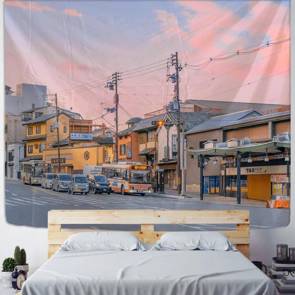 Kyoto Street Scene Tapestry  Sunset Over Traditional Buildings  Unique Wall Art for Home Decor Bedroom  Japan Lover Gift