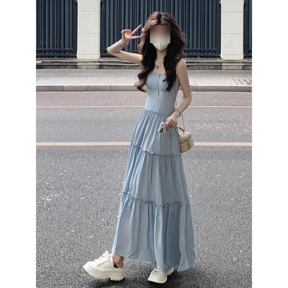 

Розовое платье-майка женское повседневное летнее новое высококлассное изысканное слим-платье-торт с завышенной талией XL- (recommended 110-60kg) синий